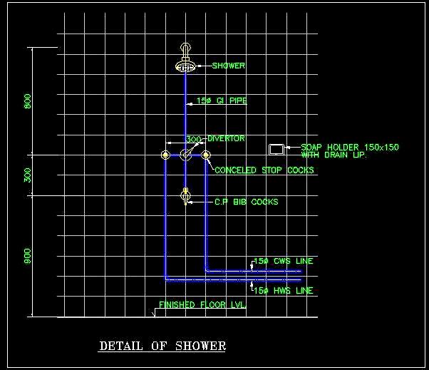 Shower Area Plumbing Detail Free DWG- AutoCAD Sectional Elevation